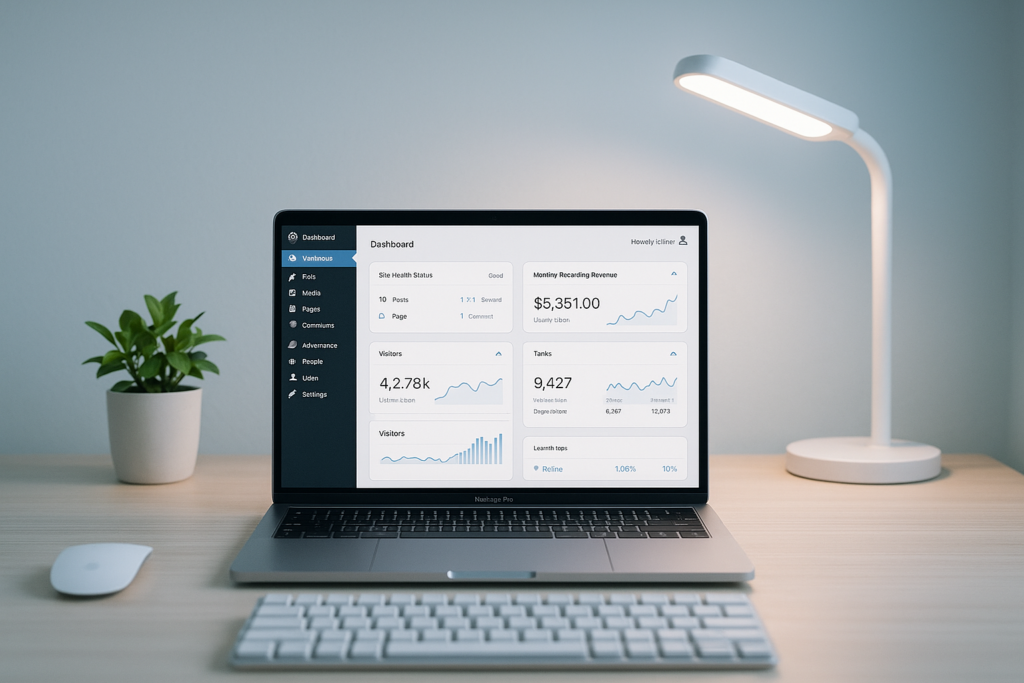Configuration WordPress minimaliste sur écran d'ordinateur portable avec mesures de performance et design propre du tableau de bord