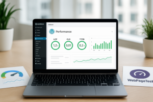 Mesure de la performance de WordPress avec des métriques sur l'écran d'un ordinateur portable
