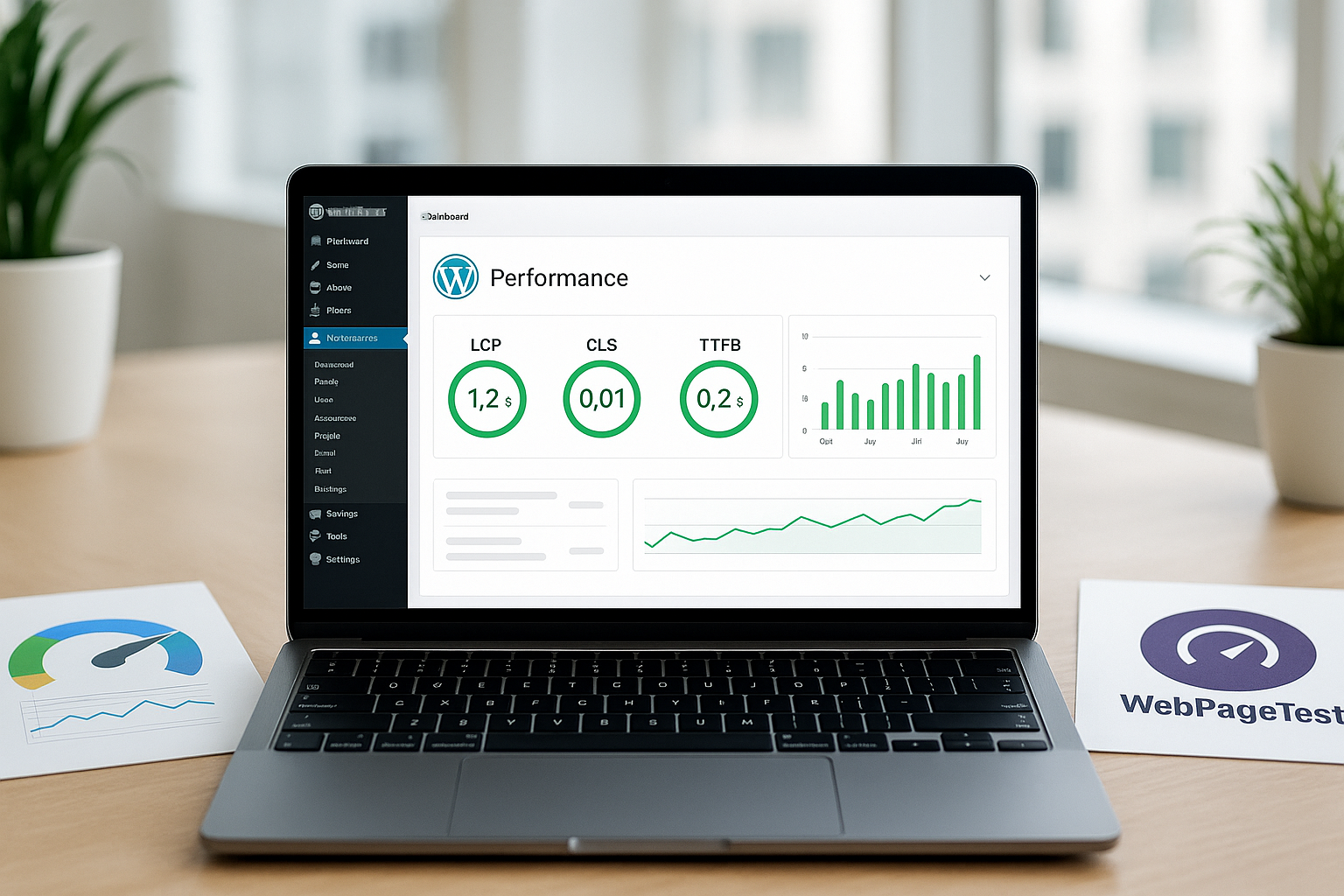 Mesure de la performance de WordPress avec des métriques sur l'écran d'un ordinateur portable