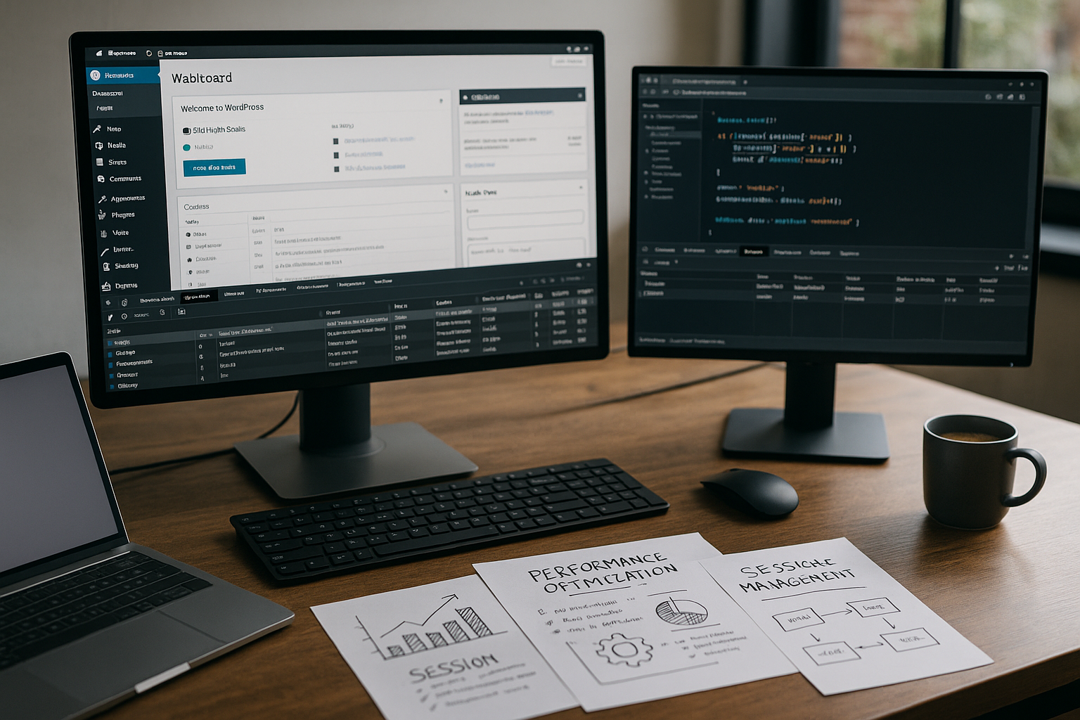 Poste de travail professionnel pour la gestion des sessions WordPress et l'optimisation des performances