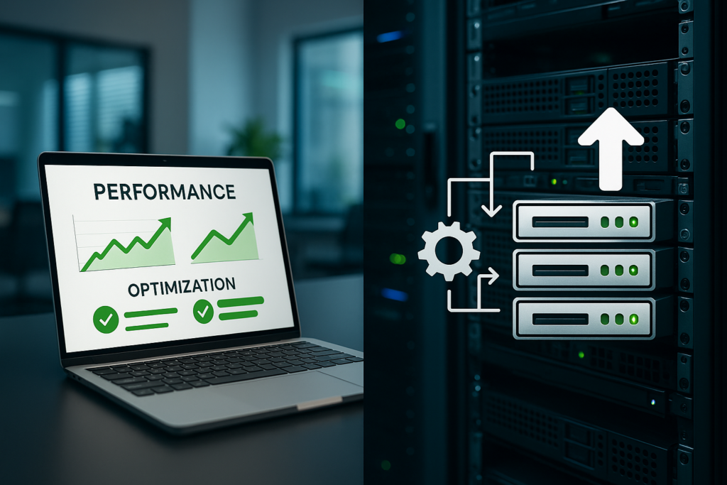 Présentation en écran partagé des techniques d'optimisation de WordPress et des options de mise à niveau de l'hébergement avec des métriques de performance