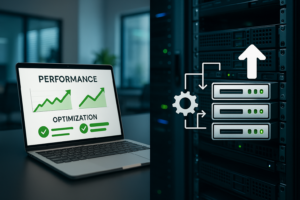 Présentation en écran partagé des techniques d'optimisation de WordPress et des options de mise à niveau de l'hébergement avec des métriques de performance