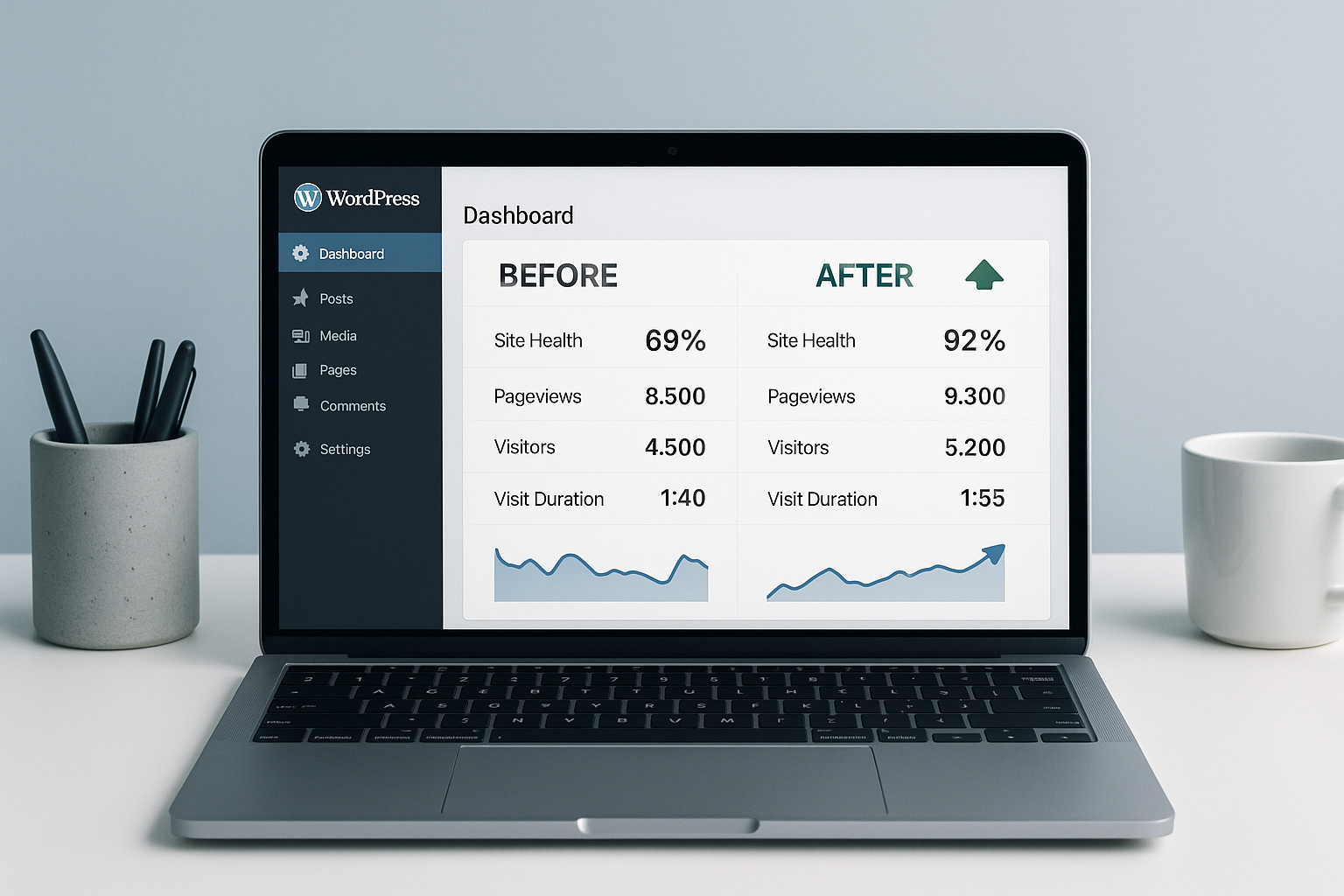 Le tableau de bord WordPress affiche des métriques de performance et des graphiques pour comparer la vitesse du site avant et après une mise à jour avec des indicateurs de performance