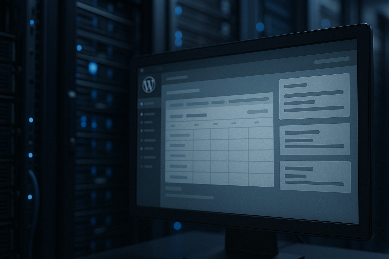 Rack serveur avec tableau de bord WordPress pour les tâches planifiées dans un environnement d'hébergement moderne