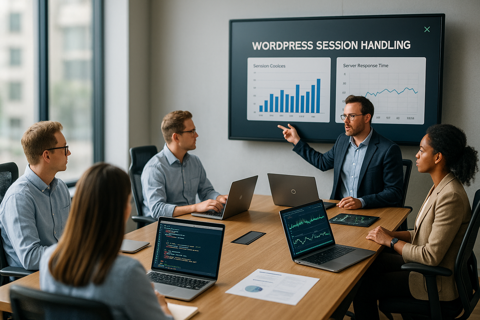 Réunion d'équipe pour planifier les stratégies de sessions WordPress