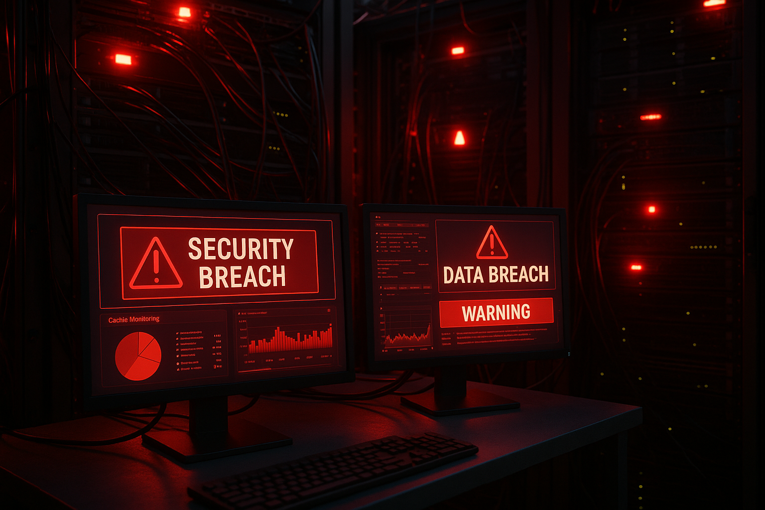 Illustration d'une salle de serveurs montrant la surveillance du cache avec des alertes et des tableaux de bord de surveillance de la sécurité sur des écrans d'ordinateur