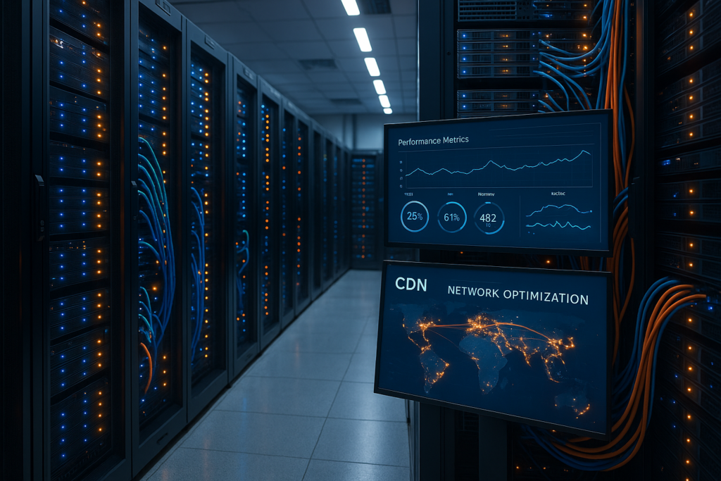 Infrastructure de réseau CDN avec systèmes de surveillance des performances et visualisation des flux de données