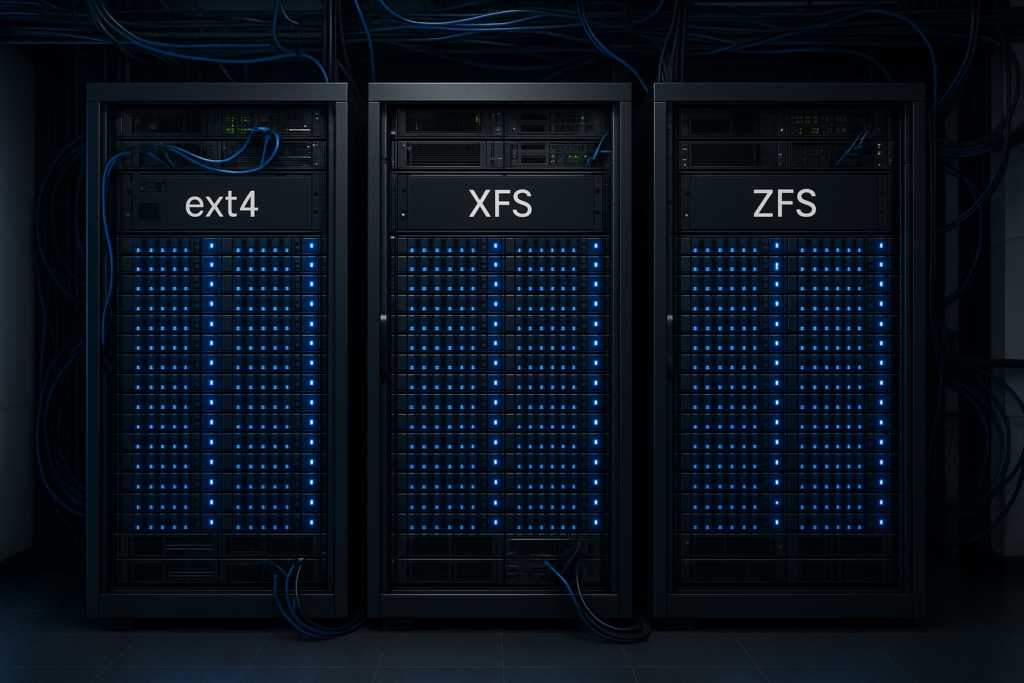 Stockage serveur avec systèmes de fichiers EXT4 XFS ZFS dans l'hébergement