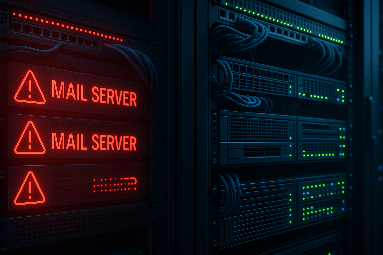 Serveur d'hébergement de messagerie avec indicateurs d'alerte et infrastructure réseau complexe dans un centre de données