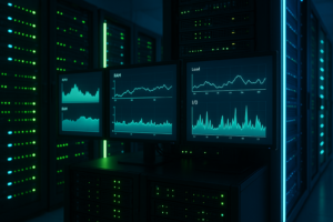 Tableau de bord de surveillance des serveurs avec métriques CPU RAM Load et I/O