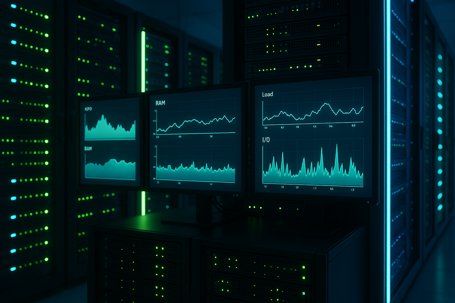 Tableau de bord de surveillance des serveurs avec métriques CPU RAM Load et I/O