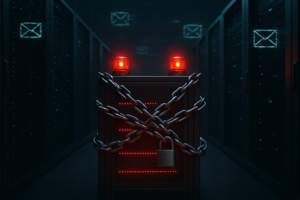 Salle de serveurs avec avertissement de liste noire de spams pour la réputation de l'hébergement