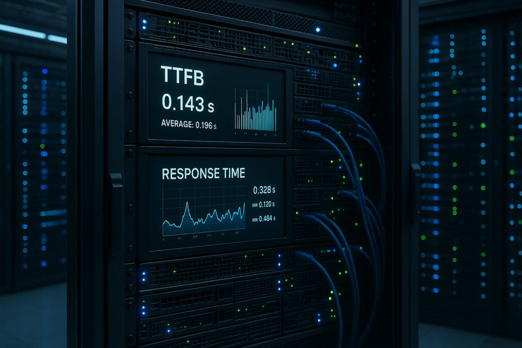 Centre de données moderne avec racks de serveurs et métriques de surveillance TTFB sur écrans