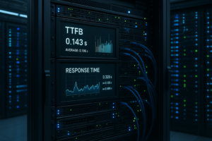 Centre de données moderne avec racks de serveurs et métriques de surveillance TTFB sur écrans