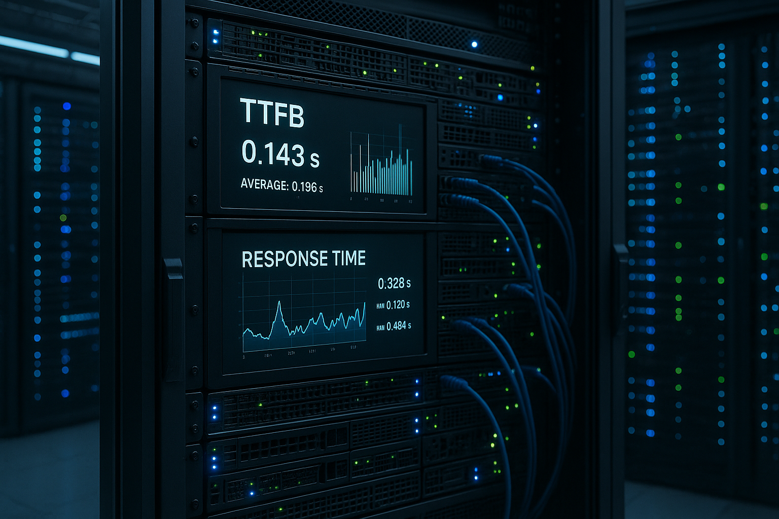 Centre de données moderne avec racks de serveurs et métriques de surveillance TTFB sur écrans
