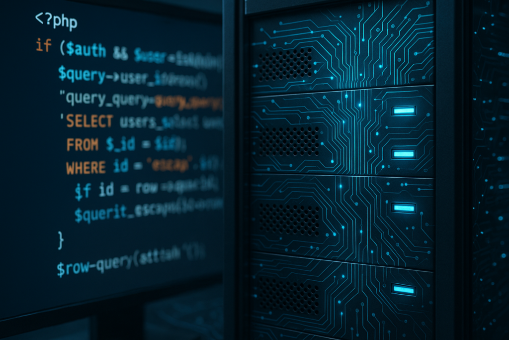 Représentation photoréaliste d'un serveur web avec lumière bleue et code PHP sur écran