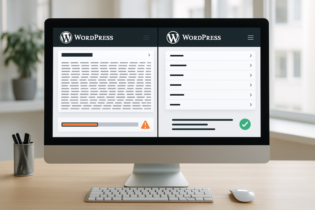 Menu WordPress Problèmes de performance visualisés avec de nombreuses entrées