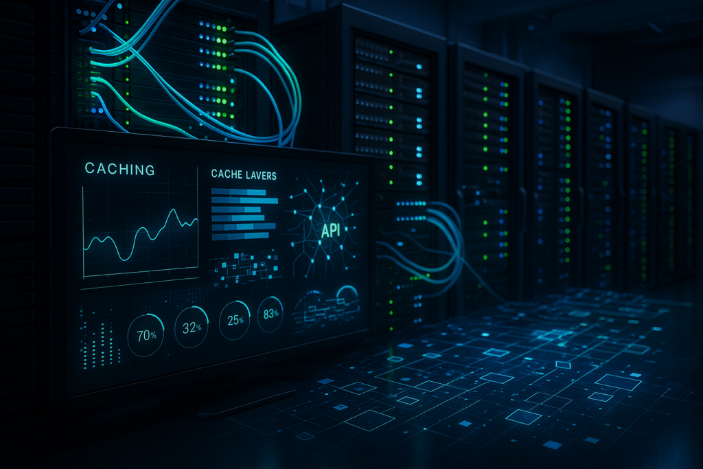 Un centre de données serveur moderne avec des câbles réseau lumineux et des mesures de performance numériques pour la mise en cache de l'API et l'optimisation du backend
