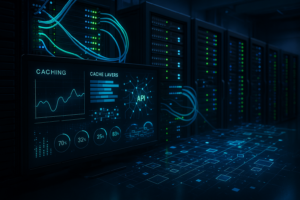 Un centre de données serveur moderne avec des câbles réseau lumineux et des mesures de performance numériques pour la mise en cache de l'API et l'optimisation du backend