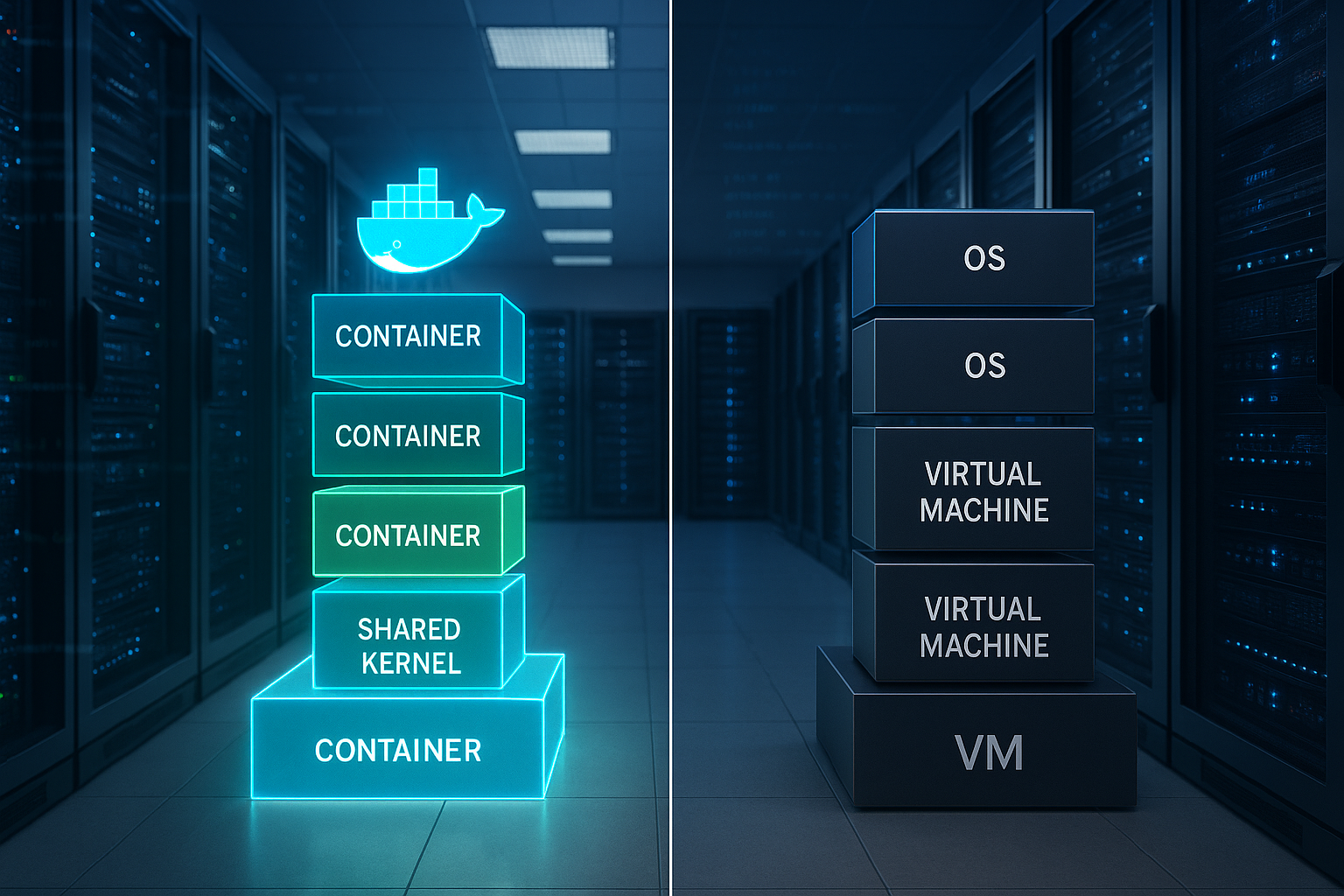 Comparaison entre l'hébergement de conteneurs et les machines virtuelles dans un environnement de serveur moderne