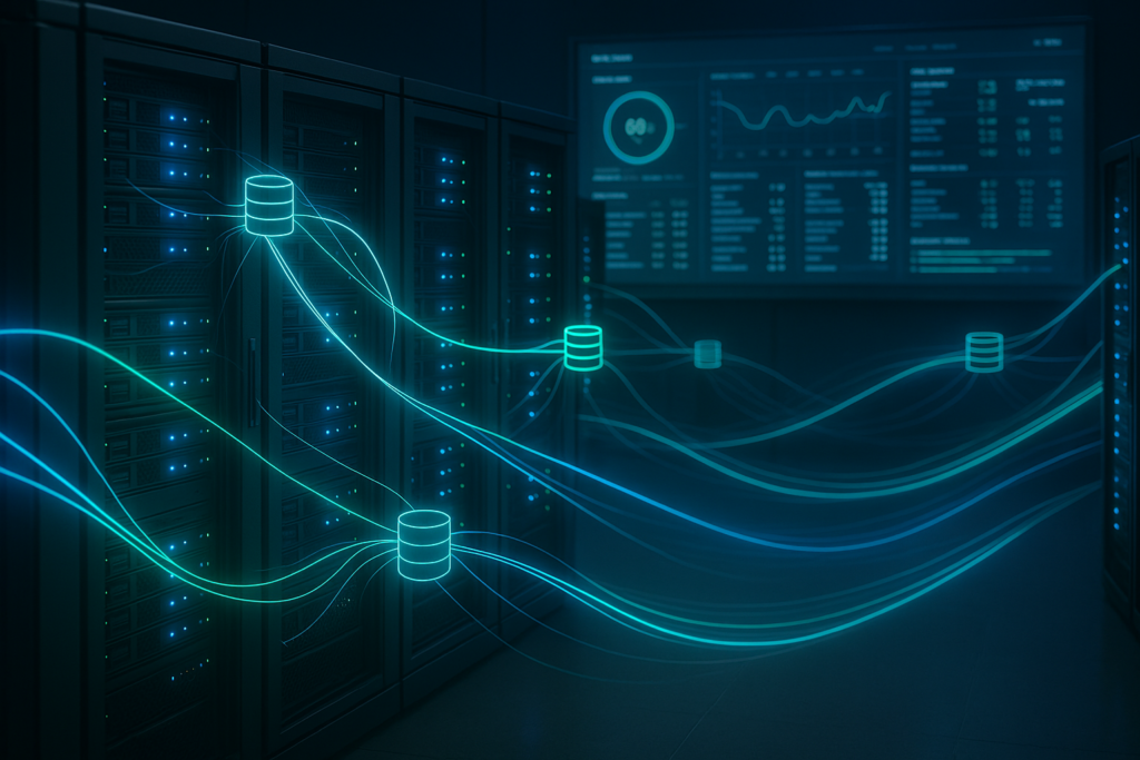 Infrastructure de serveurs avec connexions de bases de données en réseau et tableau de bord de surveillance en temps réel