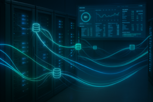 Infrastructure de serveurs avec connexions de bases de données en réseau et tableau de bord de surveillance en temps réel