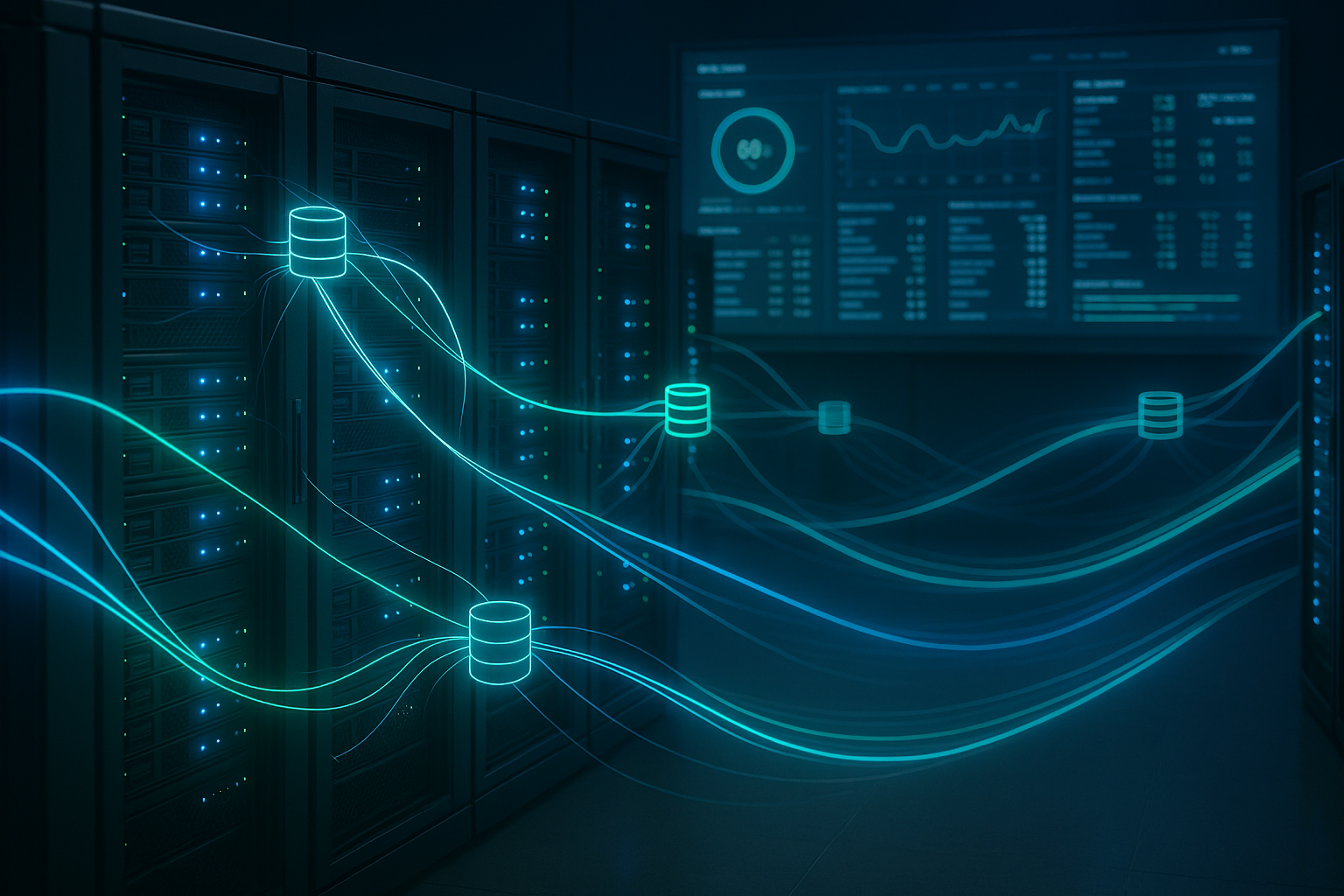 Infrastructure de serveurs avec connexions de bases de données en réseau et tableau de bord de surveillance en temps réel