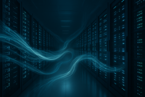 Salle de serveurs avec racks actifs et visualisation du trafic de données filtré sous forme de flux lumineux pour représenter la mitigation des DDoS dans l'hébergement web