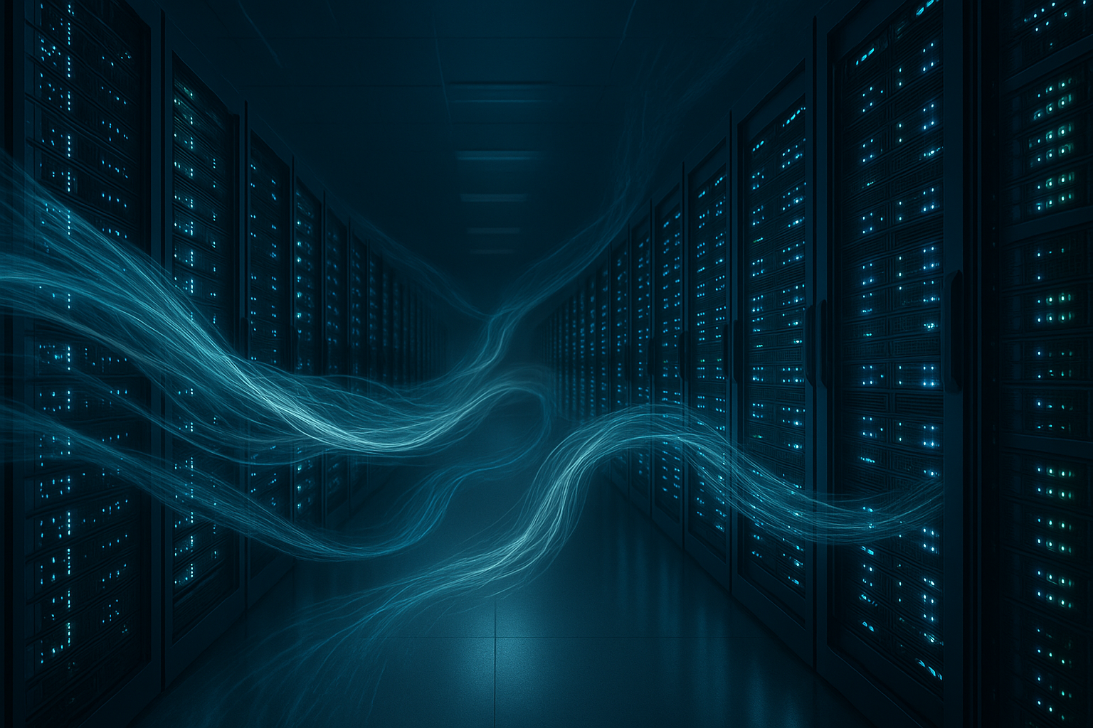 Salle de serveurs avec racks actifs et visualisation du trafic de données filtré sous forme de flux lumineux pour représenter la mitigation des DDoS dans l'hébergement web