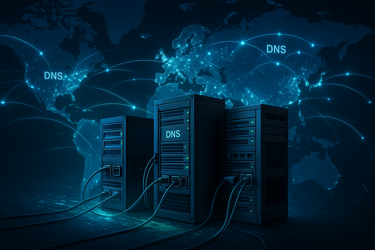 Propagation mondiale du DNS avec des serveurs en réseau et un flux de données à travers les continents