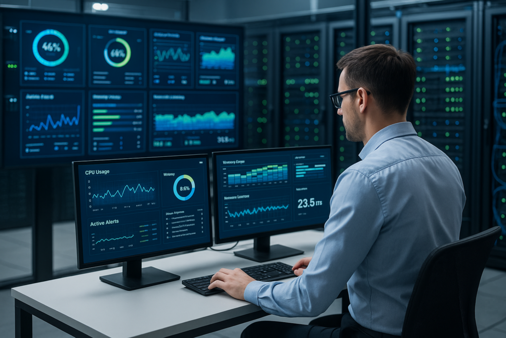 IT-Professional surveille les performances des serveurs et la surveillance de l'hébergement sur de grands écrans avec des métriques et des analyses en temps réel