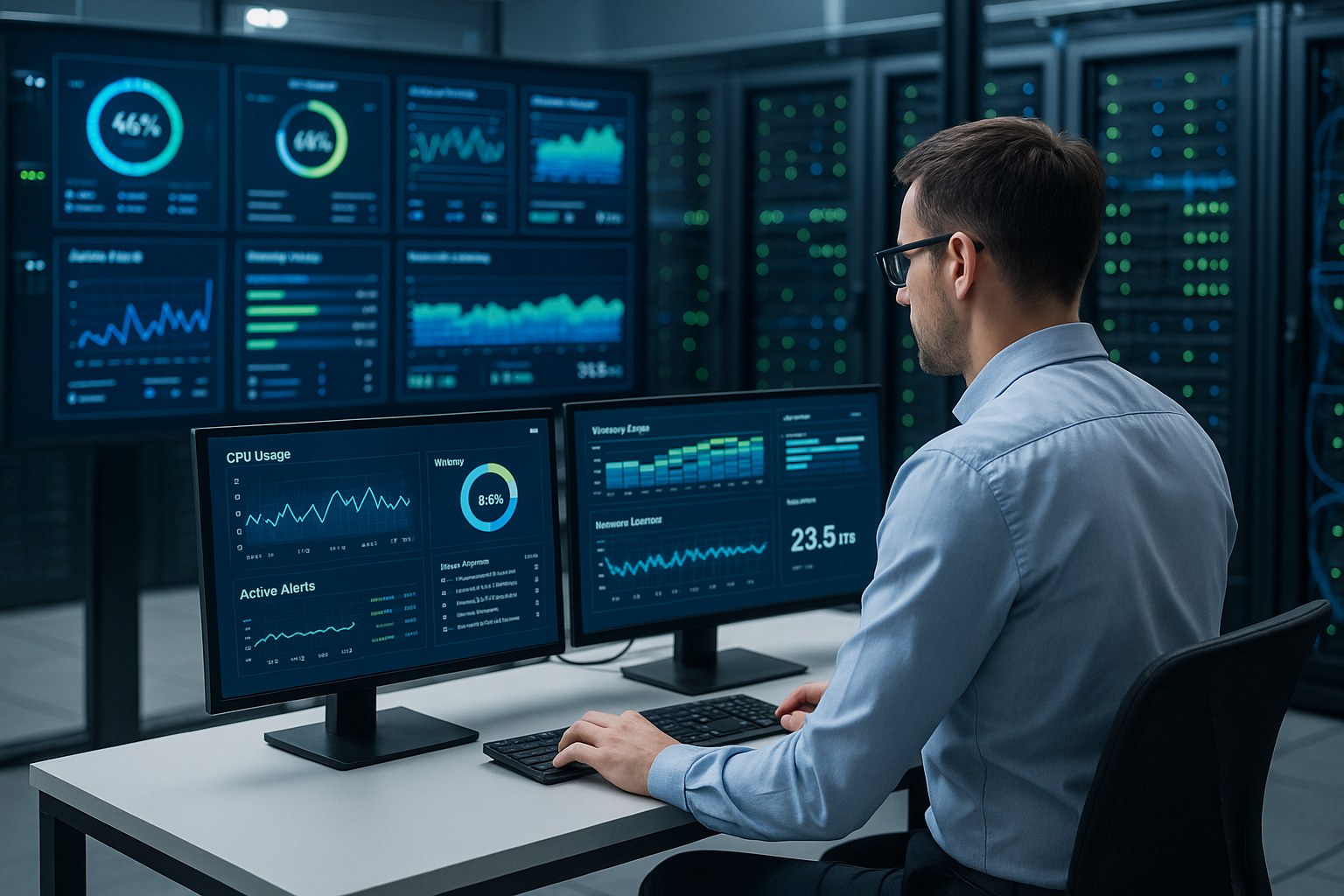 IT-Professional surveille les performances des serveurs et la surveillance de l'hébergement sur de grands écrans avec des métriques et des analyses en temps réel