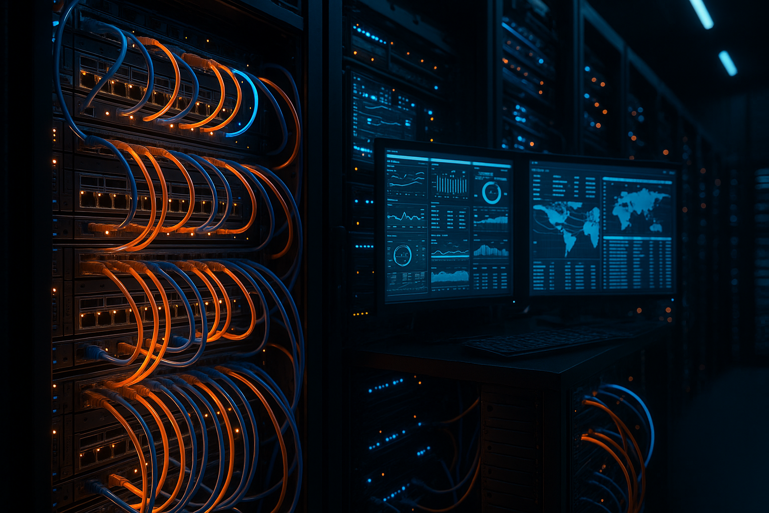 Salle de serveurs avec connexions réseau et écrans de surveillance des performances