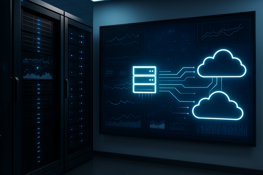 Infrastructure moderne de cloud hybride avec matériel serveur classique et intégration du cloud dans un environnement serveur professionnel