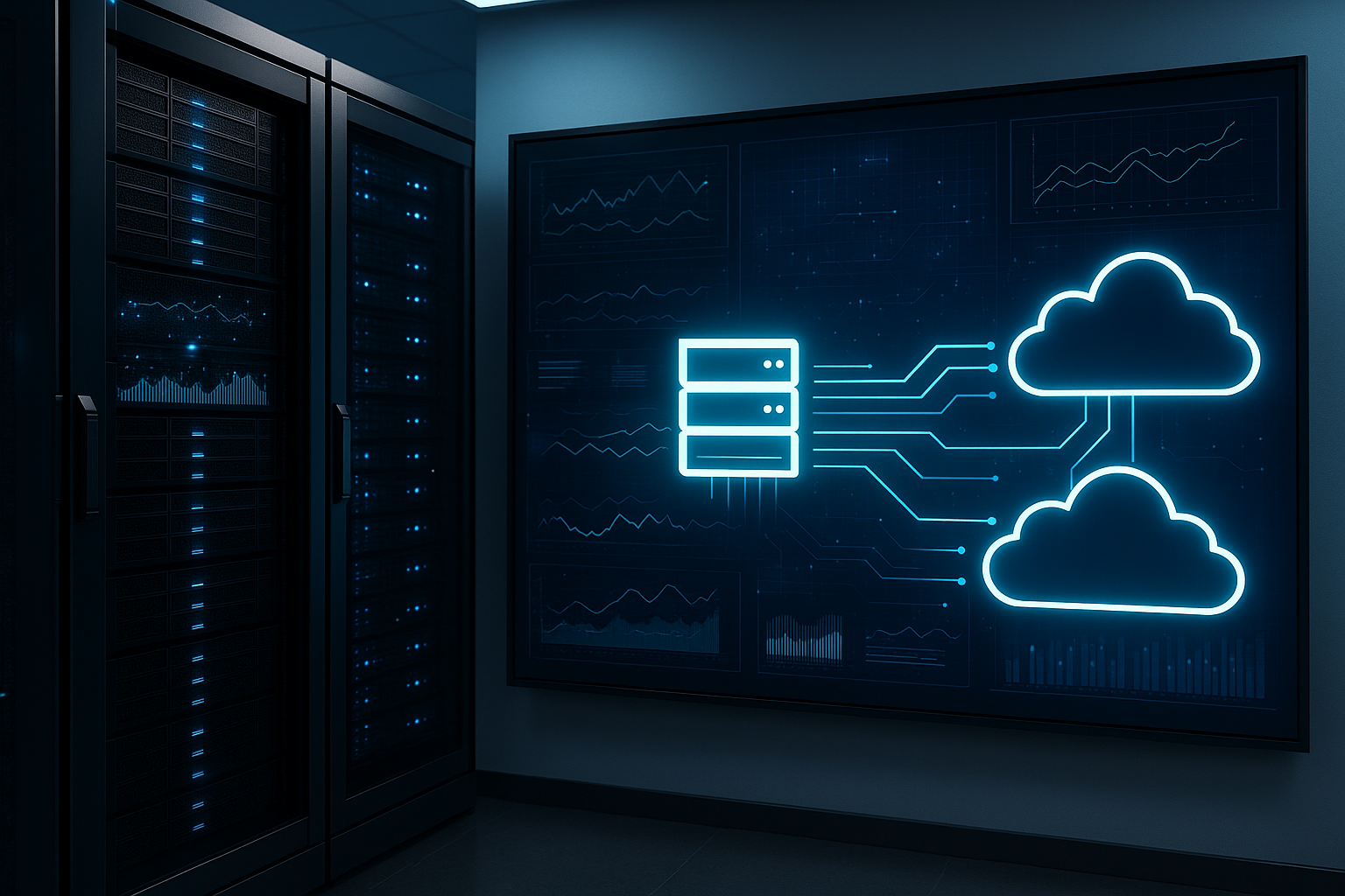Infrastructure moderne de cloud hybride avec matériel serveur classique et intégration du cloud dans un environnement serveur professionnel