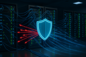 Infrastructure de serveurs avec visualisation de la protection DDoS et barrières de sécurité du réseau