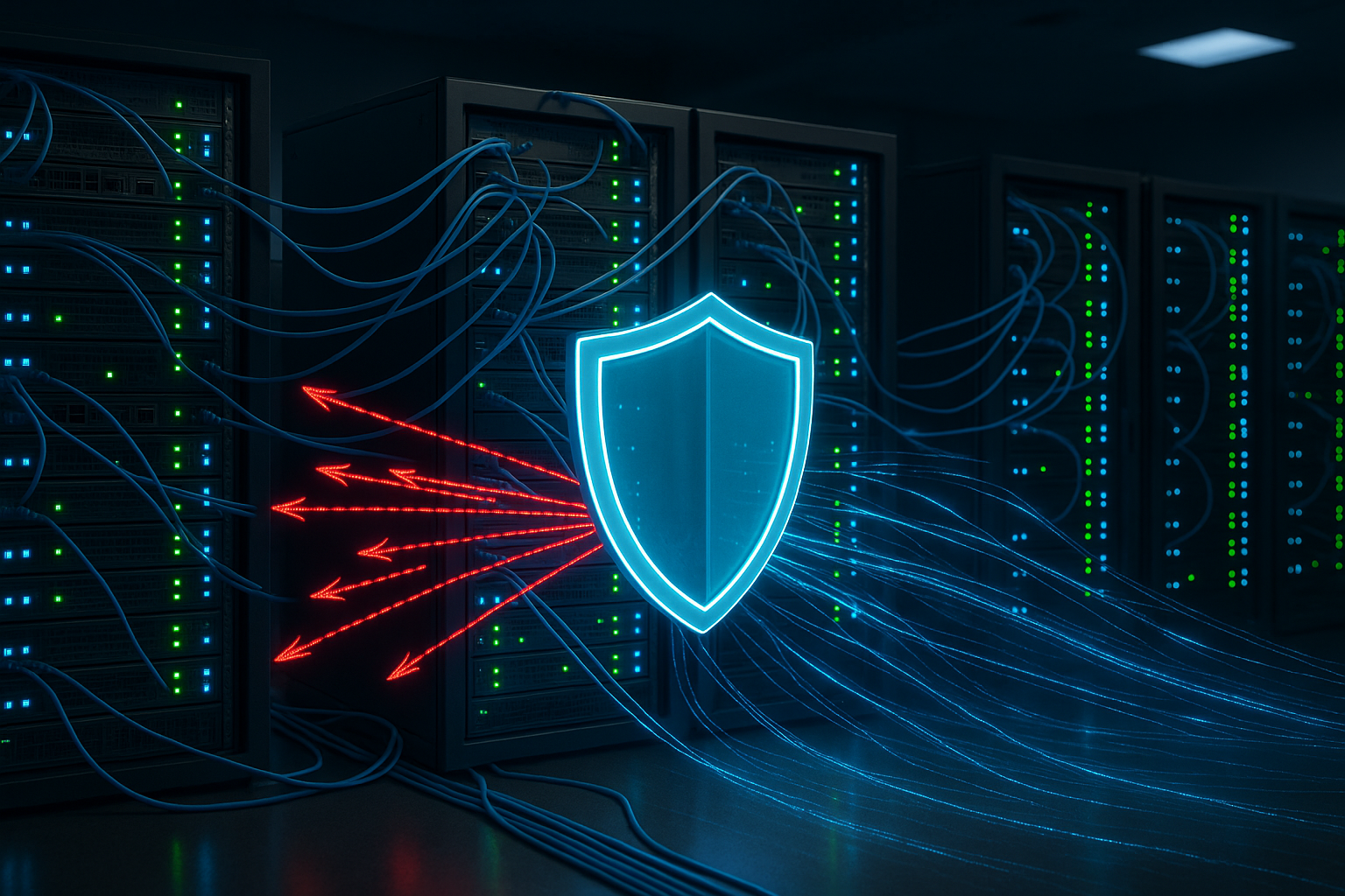 Infrastructure de serveurs avec visualisation de la protection DDoS et barrières de sécurité du réseau