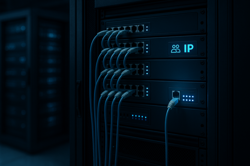 Rack de serveurs dans le centre de calcul comme symbole de l'hébergement IP partagé et dédié