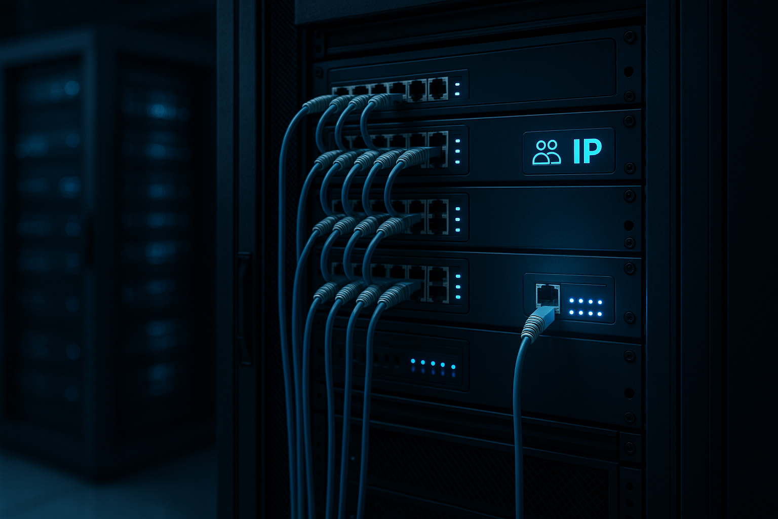 Rack de serveurs dans le centre de calcul comme symbole de l'hébergement IP partagé et dédié