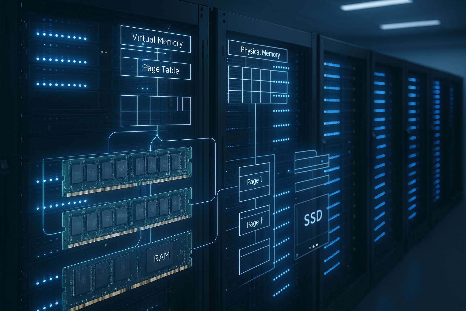 Rack de serveurs avec mémoire vive et stockage SSD dans un centre de données professionnel avec visualisation de la mémoire virtuelle