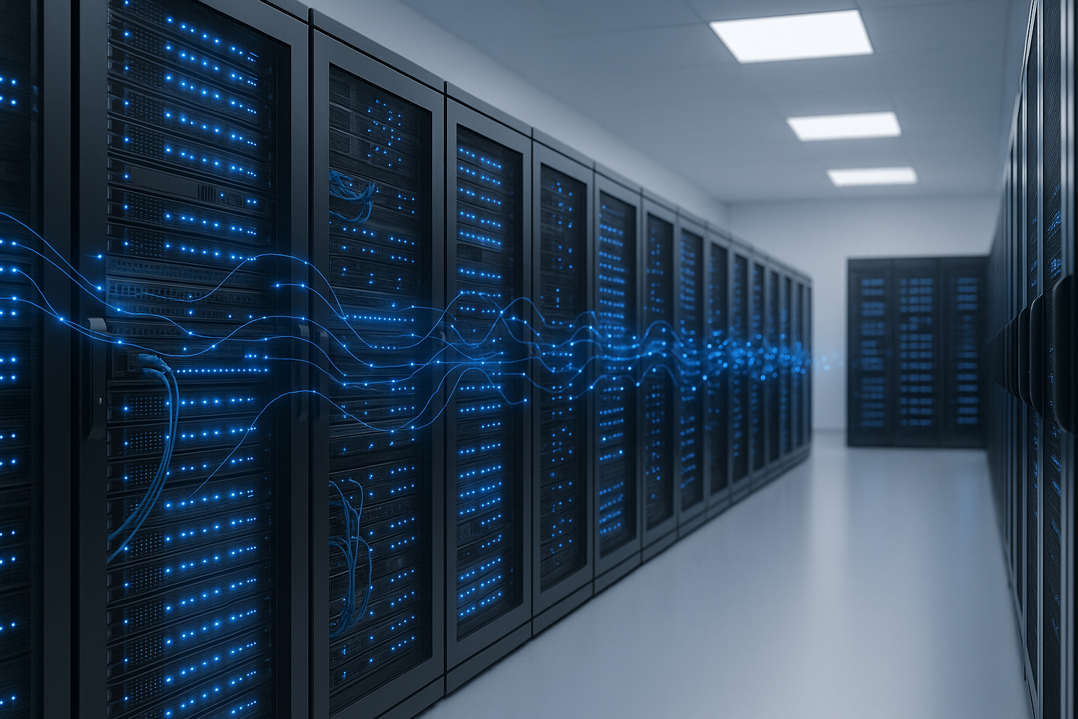 Infrastructure de rack de serveurs avec connexions réseau et visualisation du flux de données