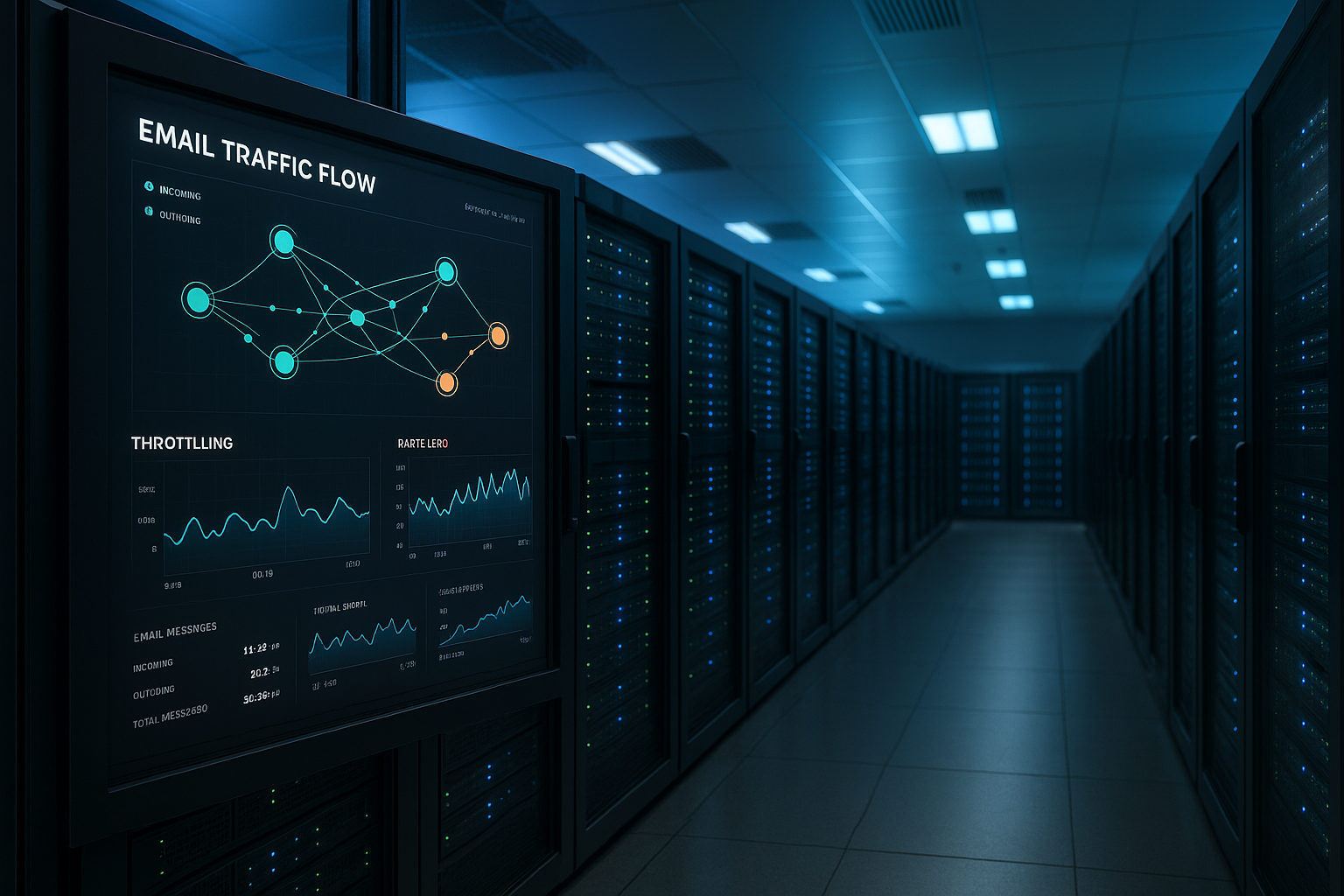 Throttling du serveur de messagerie et limites SMTP dans l'infrastructure d'hébergement avec des écrans de surveillance
