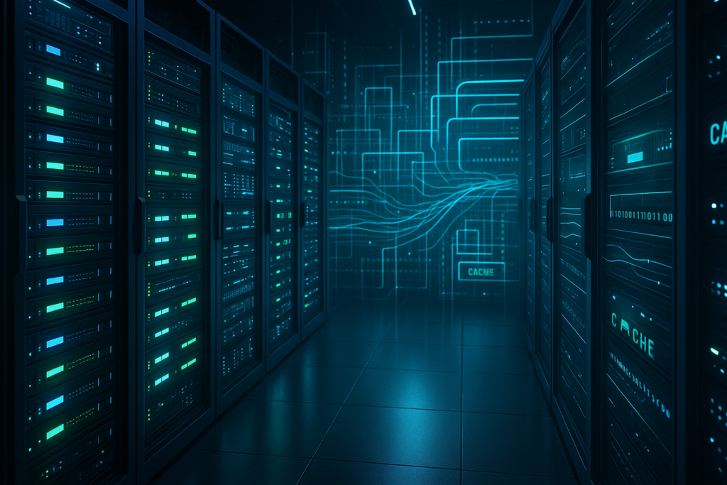Salle de serveurs moderne avec optimisation de la mémoire cache et visualisation des performances des bases de données