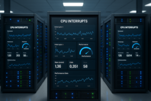 Le tableau de bord de surveillance des serveurs montre la gestion des interruptions CPU et les métriques de performance