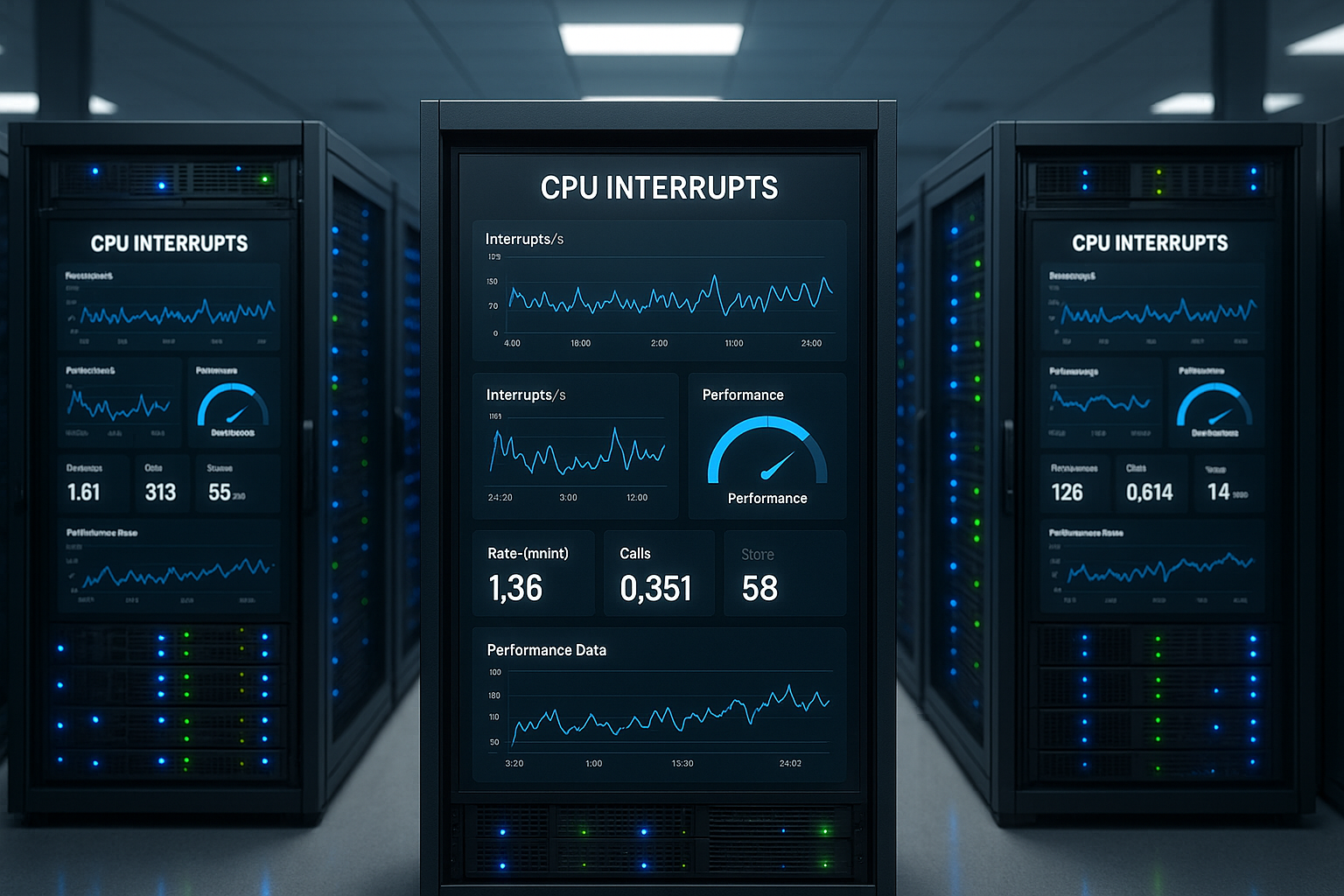 Le tableau de bord de surveillance des serveurs montre la gestion des interruptions CPU et les métriques de performance