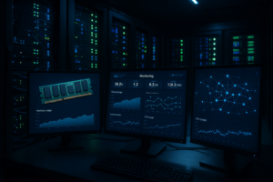 Une salle de serveurs professionnelle avec des moniteurs de surveillance montre la détection des fuites de mémoire et l'utilisation de la mémoire en temps réel