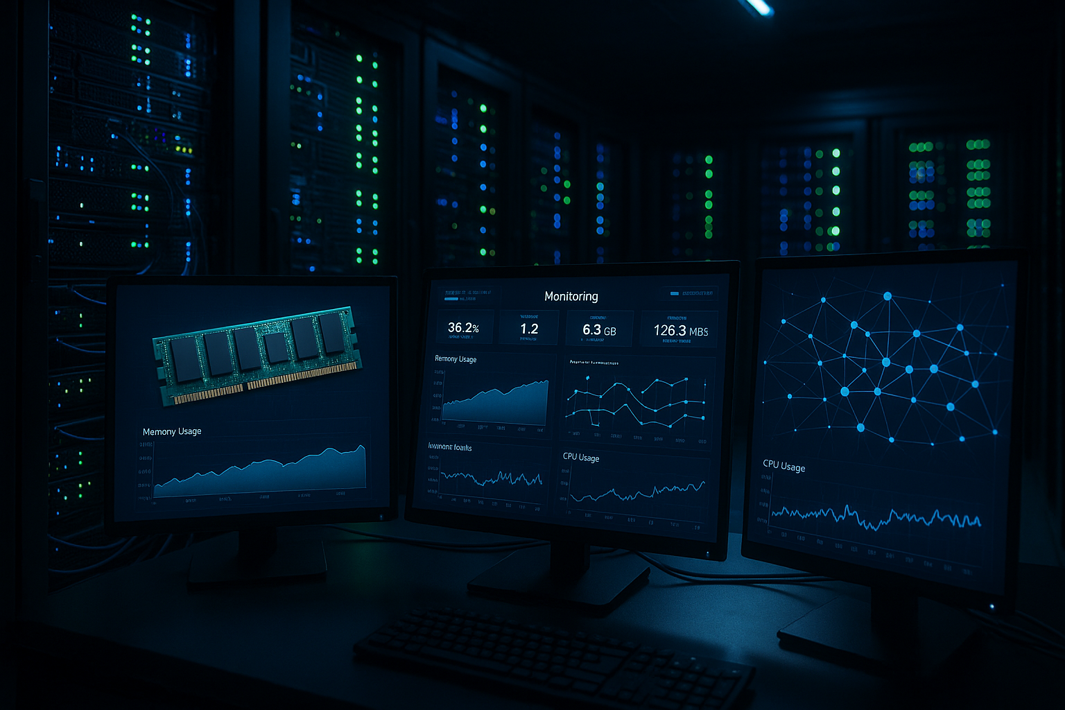Une salle de serveurs professionnelle avec des moniteurs de surveillance montre la détection des fuites de mémoire et l'utilisation de la mémoire en temps réel