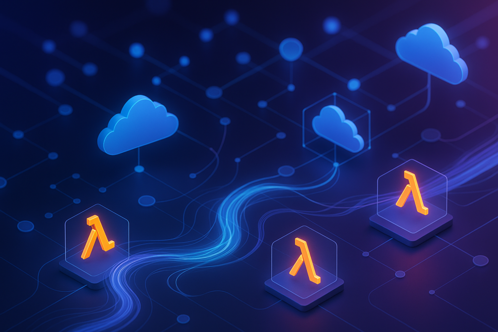 Architecture informatique sans serveur avec des nœuds cloud interconnectés et des flux de données déclenchés par des événements