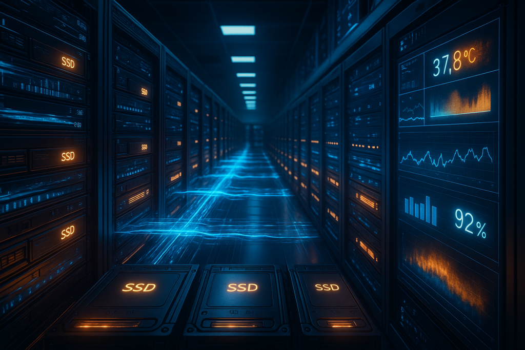 Lecteurs de stockage SSD dans un centre de données d'hébergement avec visualisation des flux de données