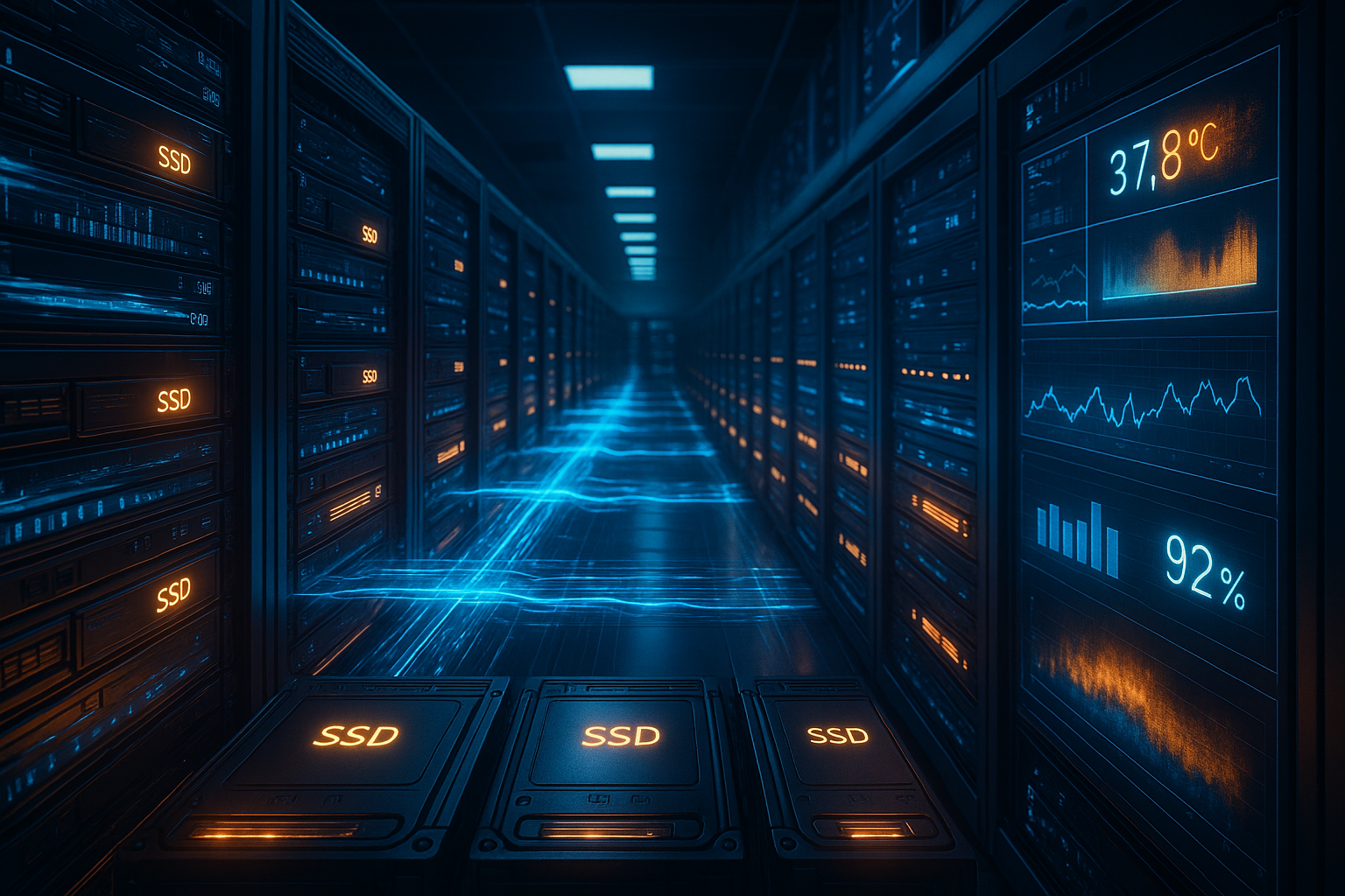 Lecteurs de stockage SSD dans un centre de données d'hébergement avec visualisation des flux de données